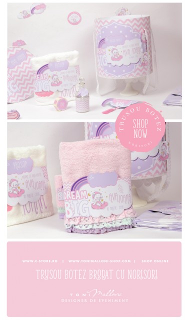 Trusou de botez personalizat si brodat cu norisori pufosi si ursuleti pentru fete, Dream big little girl 1